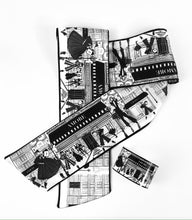 Load image into Gallery viewer, Thin satin scarf,fashion satin scarf,print satin scarf,print thin scarf.black and white thin scarf,scarf,printed scarf,